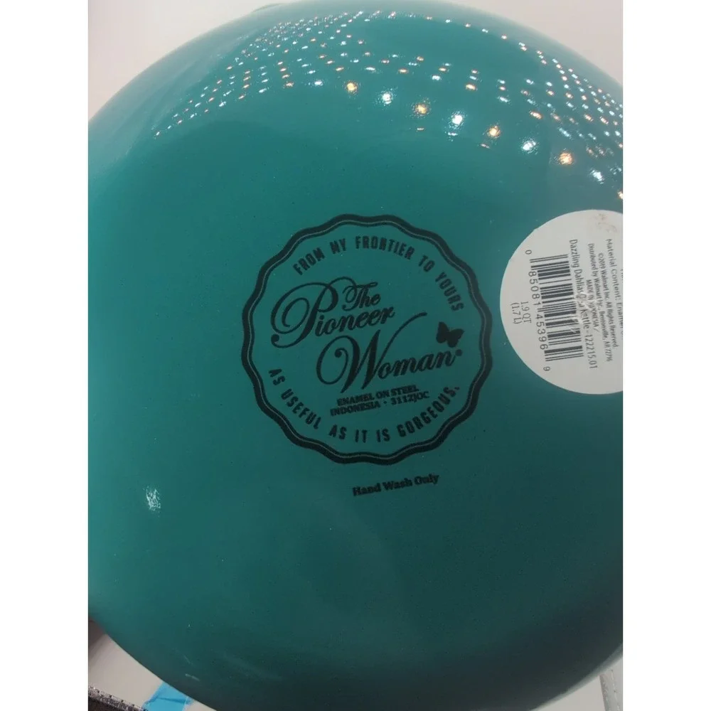 Pioneer Woman Dazzling Dahlias Teal Enamel Stove Top Kettle 1.9qt